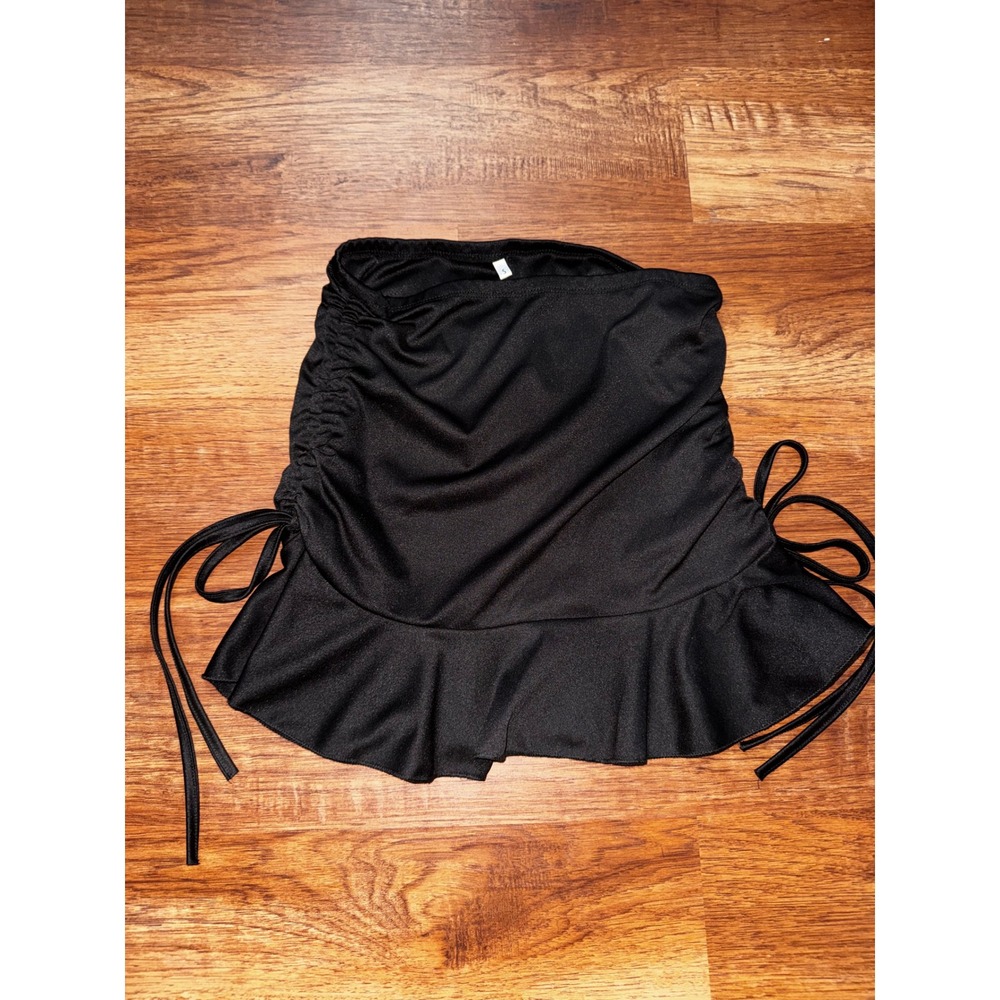 Unbranded Black Ruched Mini Skirt Ruffle Hem Side Drawstring Small Womens